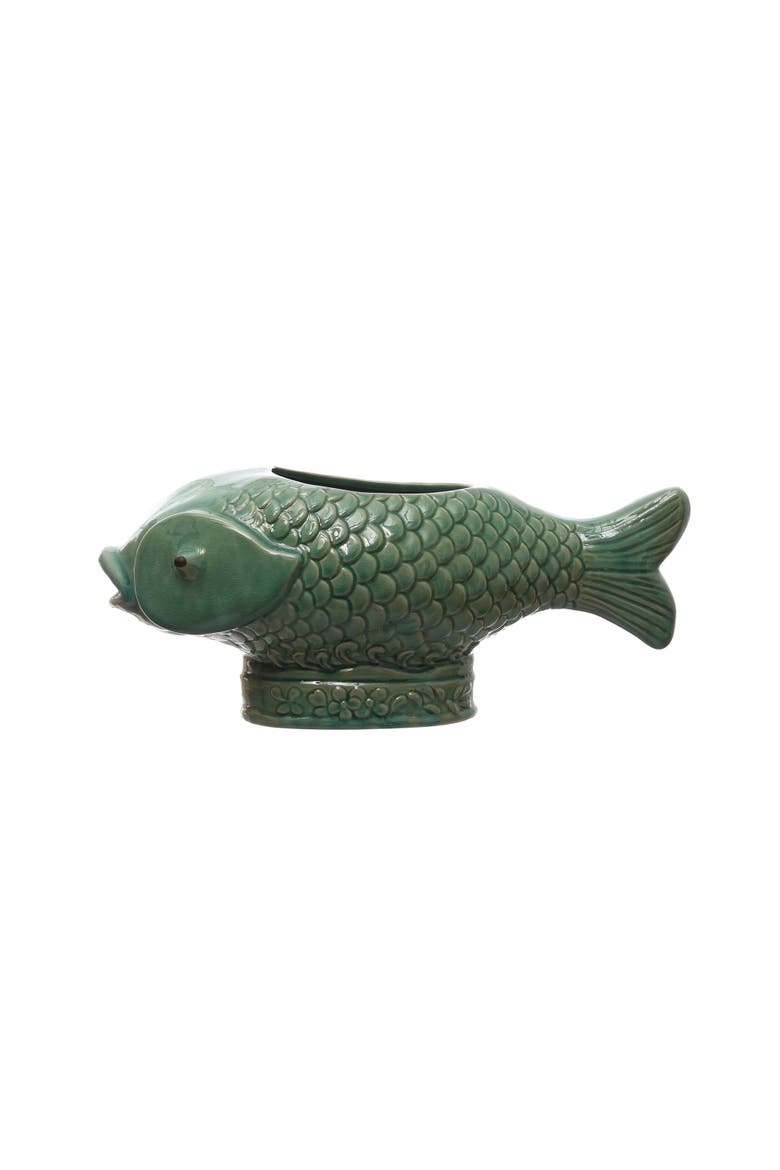 Debossed Stoneware Fish Planter with Reactive Glaze, Turquoise, Main, color, Blue