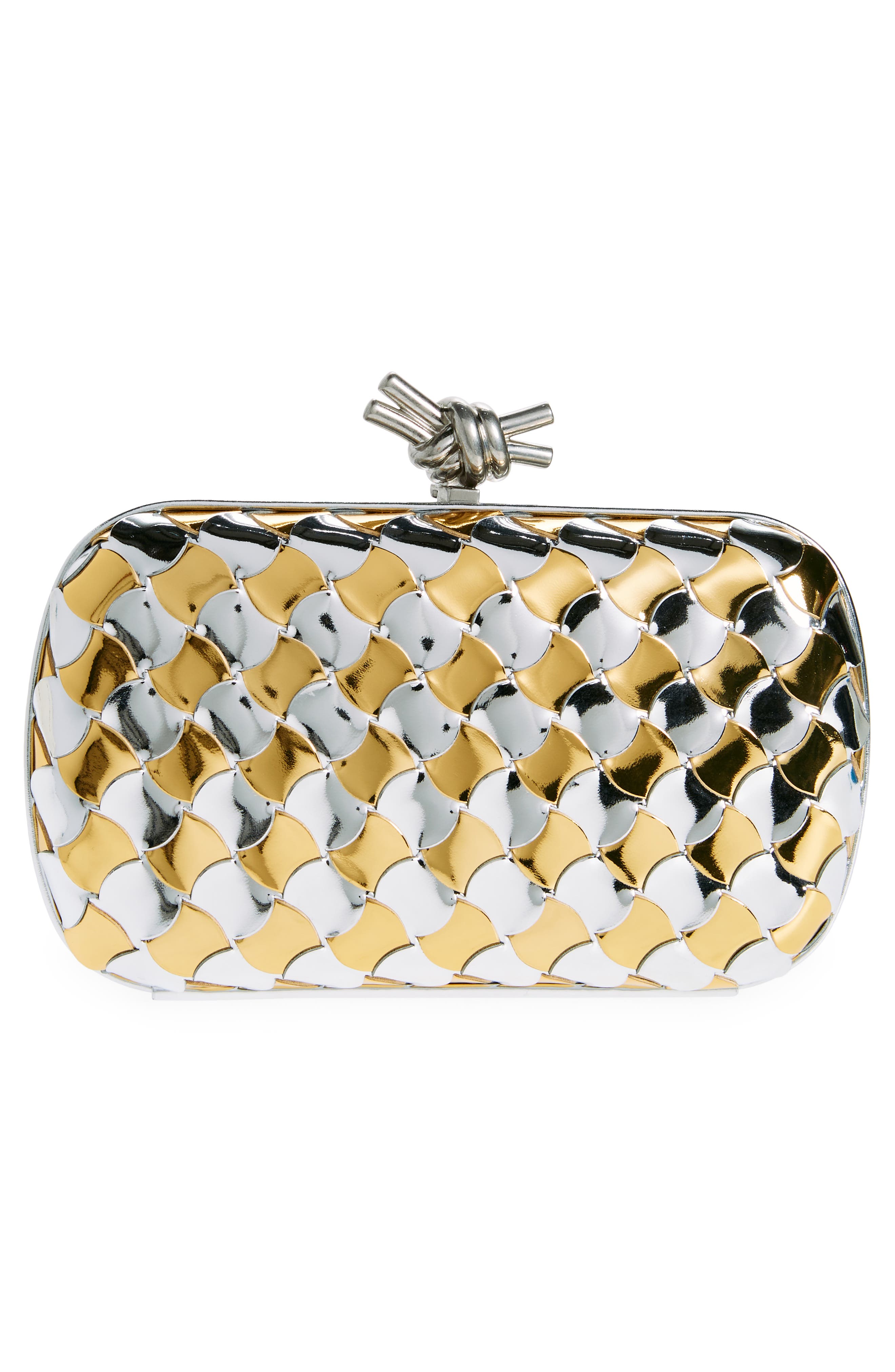 Bottega Veneta Knot Pavimento Metallic Leather Clutch, Alternate, color, Silver/ Gold