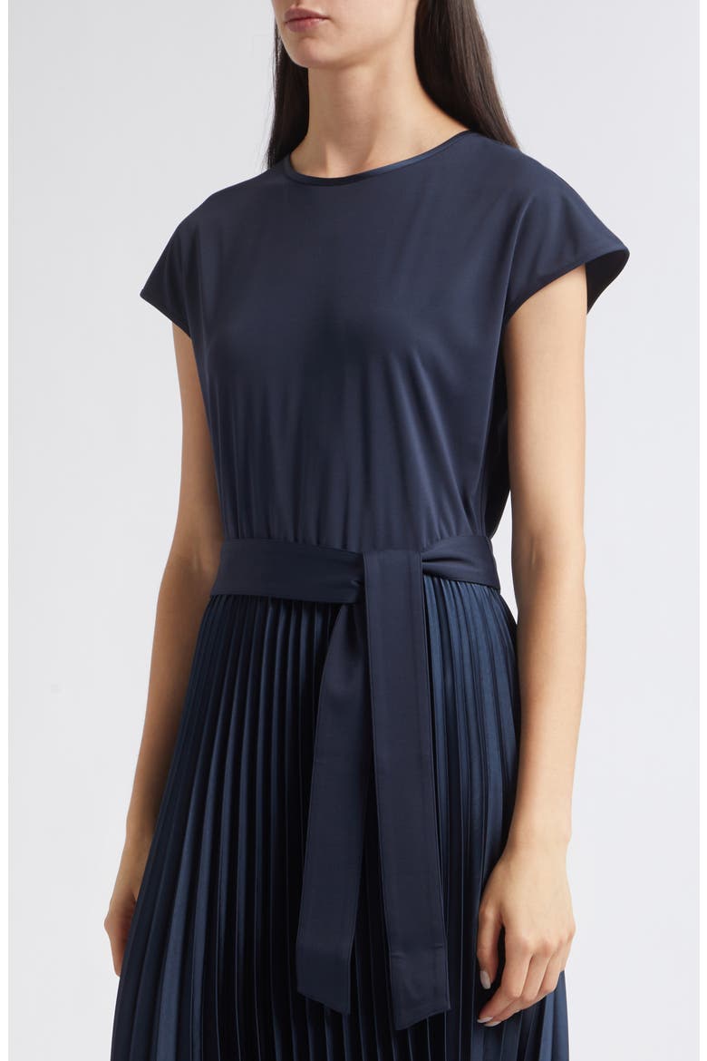 Tie Waist Pleated Satin Maxi Dress, Alternate, color, NAVY