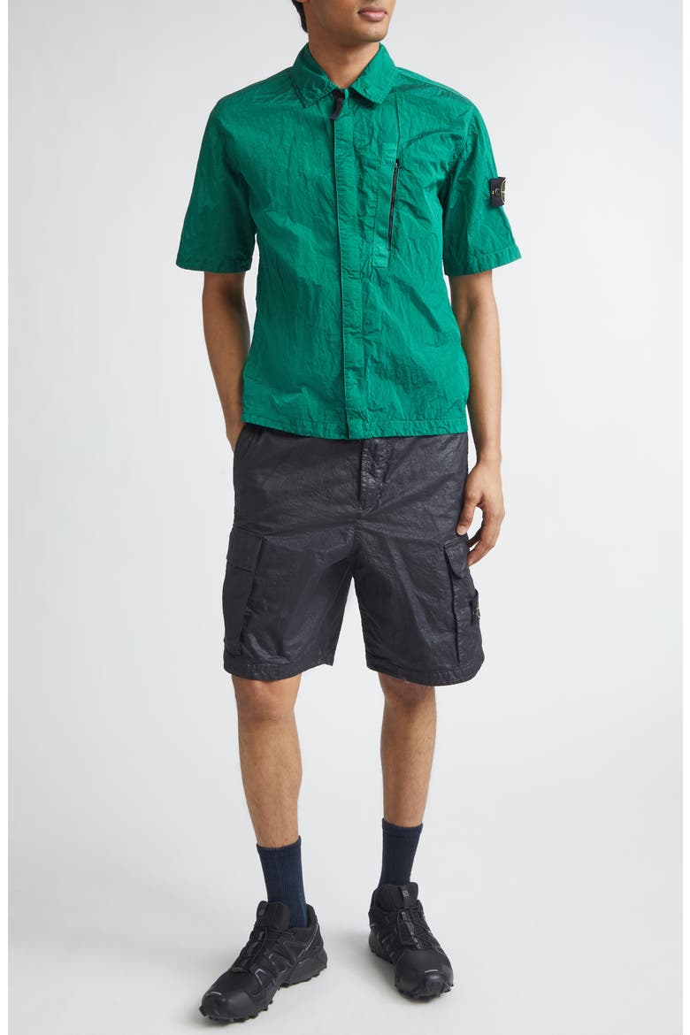 Compass Logo Patch Short Sleeve Nylon Zip-Up Camp Shirt, Alternate, color, MALACHITE