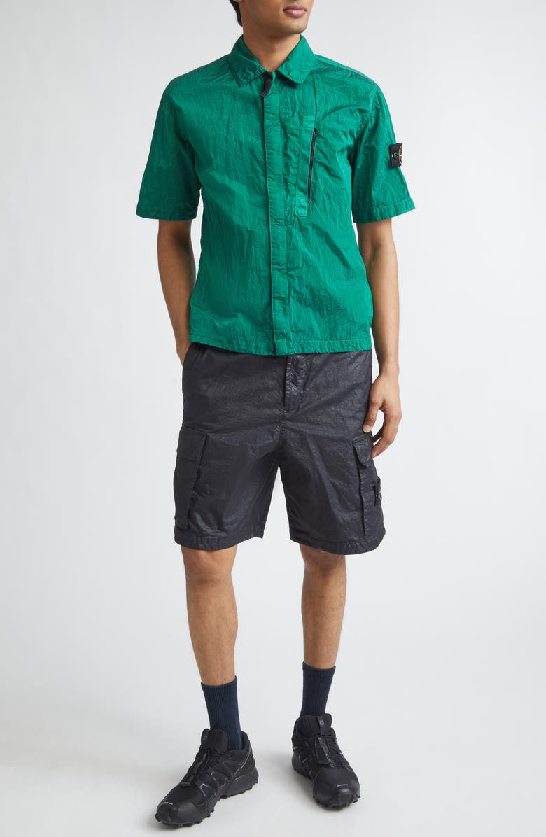 Stone Island Compass Logo Patch Short Sleeve Nylon Zip-Up Camp Shirt, Alternate, color, Malachite