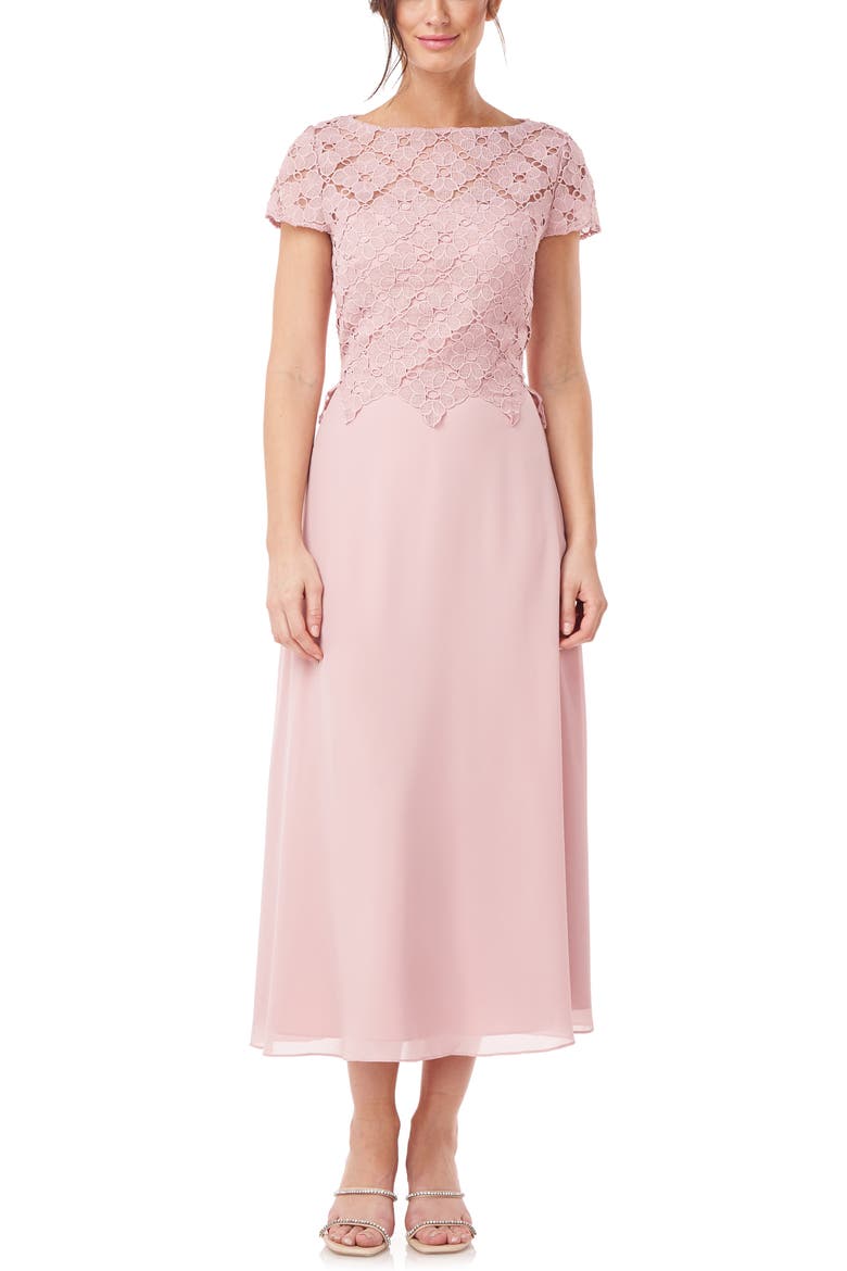 Laura Lace & Chiffon A-Line Midi Dress, Main, color, PALE MAUVE