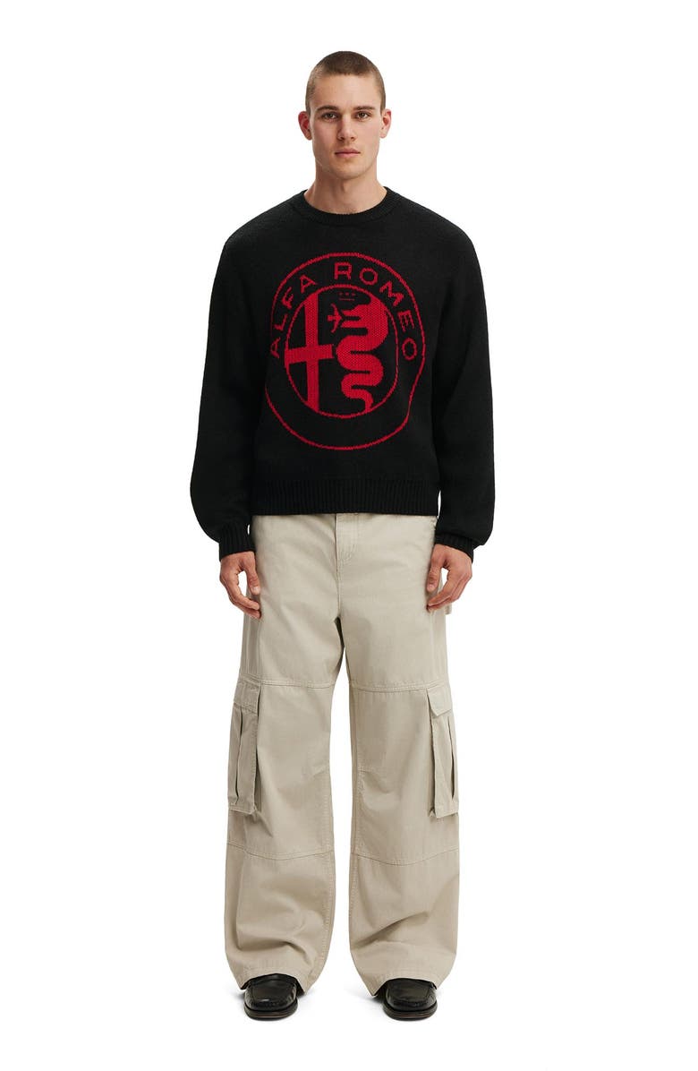 Cotton On Men's Alfa Romeo Box Fit Crew Knit, Alternate, color, Lcn Alfa Romeo  Black