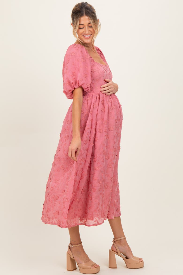 Embroidered Floral Puff Sleeve Midi Dress, Alternate, color, Mauve