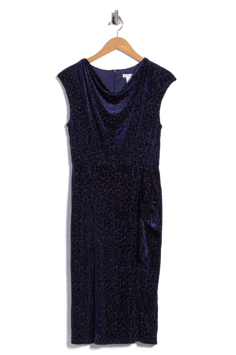 Velvet Burnout Cowl Neck Sheath Dress, Alternate, color, NAVY