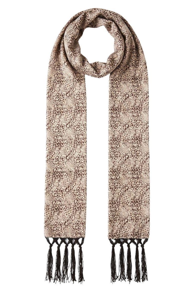 Floral Silky Fringe Scarf, Alternate, color, BROWN