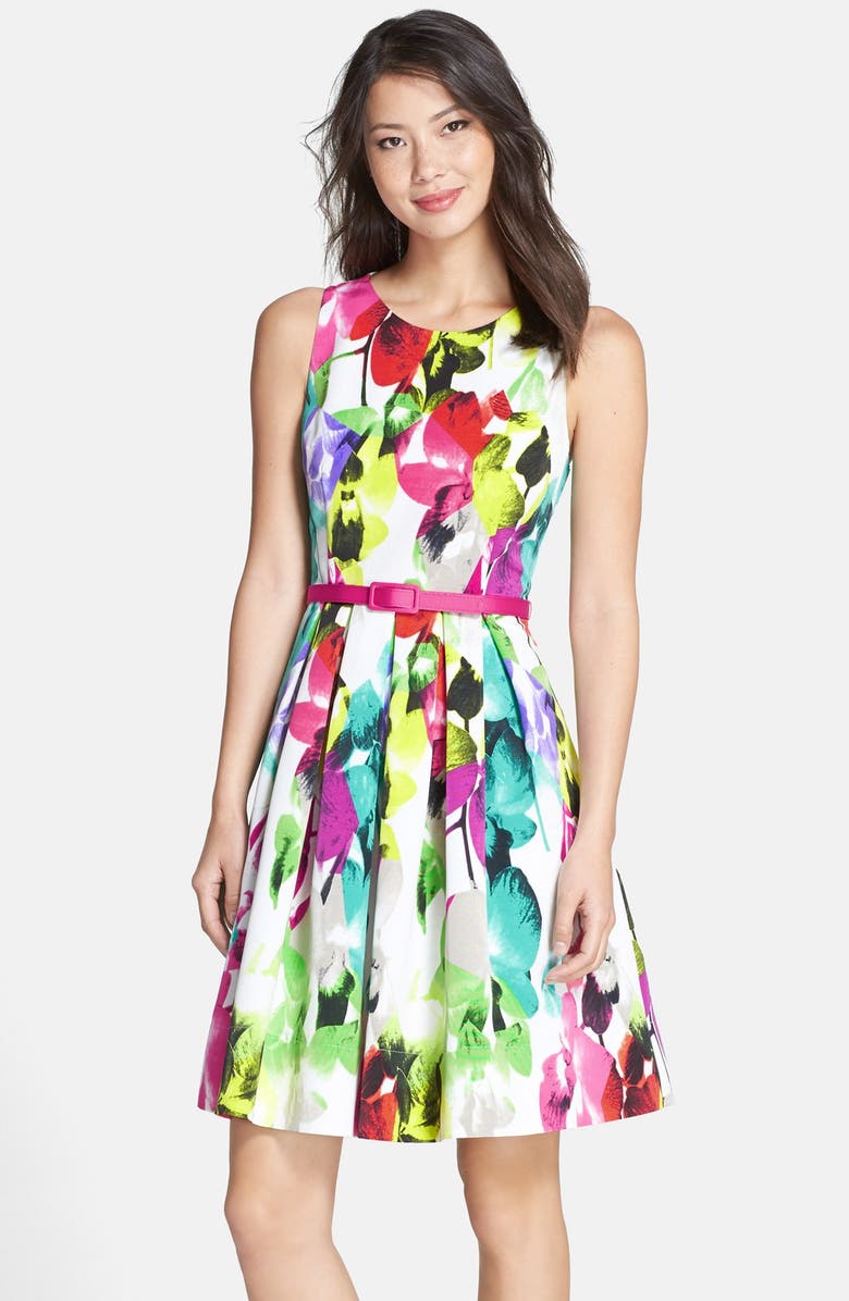 Eliza J Belted Print Faille Fit & Flare Dress, Main, color, 