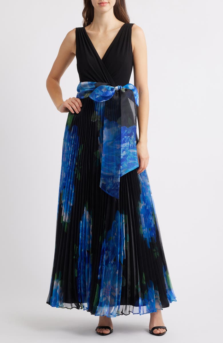 Eliza J Pleated Sleeveless Gown, Main, color, Black Blue