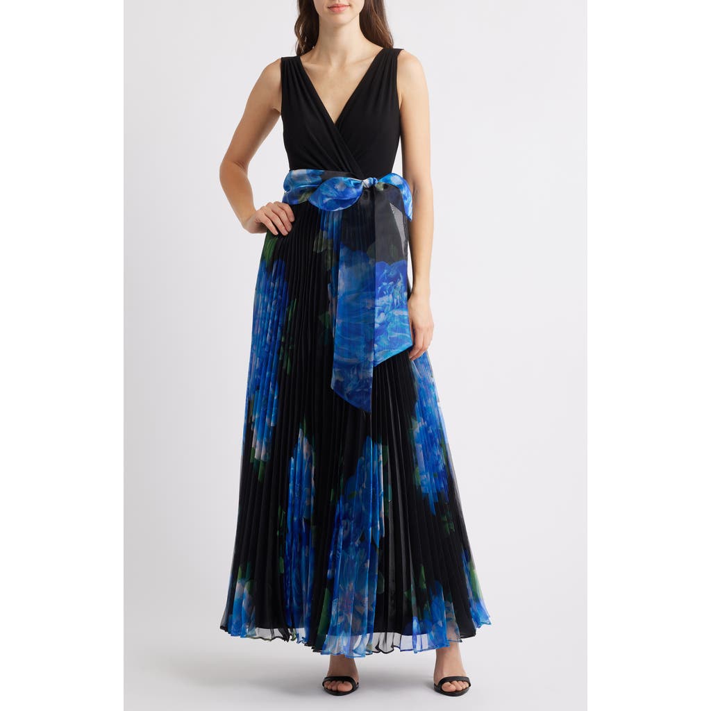 Eliza J Mixed Media V Neck Sleeveless Pleated Gown