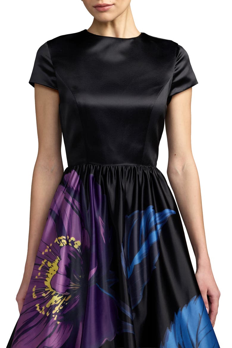 Satin Cap Sleeve Floral Printed A-Line Dress, Alternate, color, Black Multi