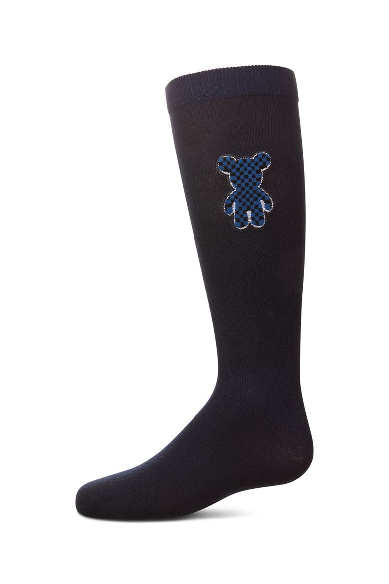 Boxed Bear Patch Knee High Socks, Main, color, Navy