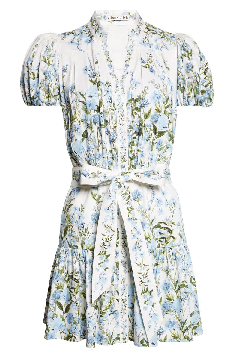 Alice + Olivia Cora Puff Sleeve Tie Belt Stretch Cotton Mini Shirtdress, Alternate, color, Fresh Air Carolina Blue