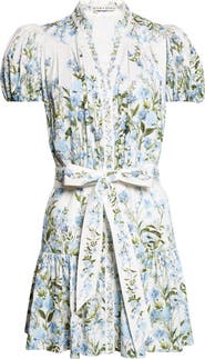 Alice + Olivia Cora Puff Sleeve Tie Belt Stretch Cotton Mini Shirtdress