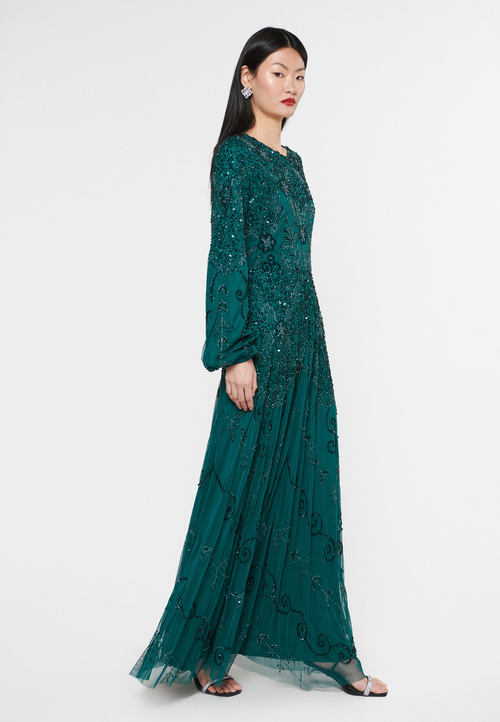 Maryisa Embellished Sequin Beaded Crew Neck Dress In Emerald Green