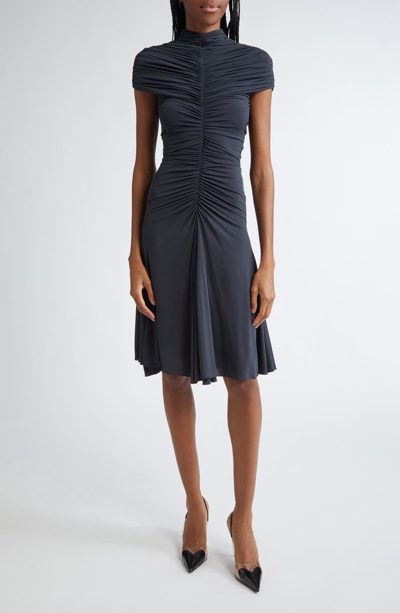 Alaïa Ruched Mock Neck Jersey Fit & Flare Dress, Main, color, 