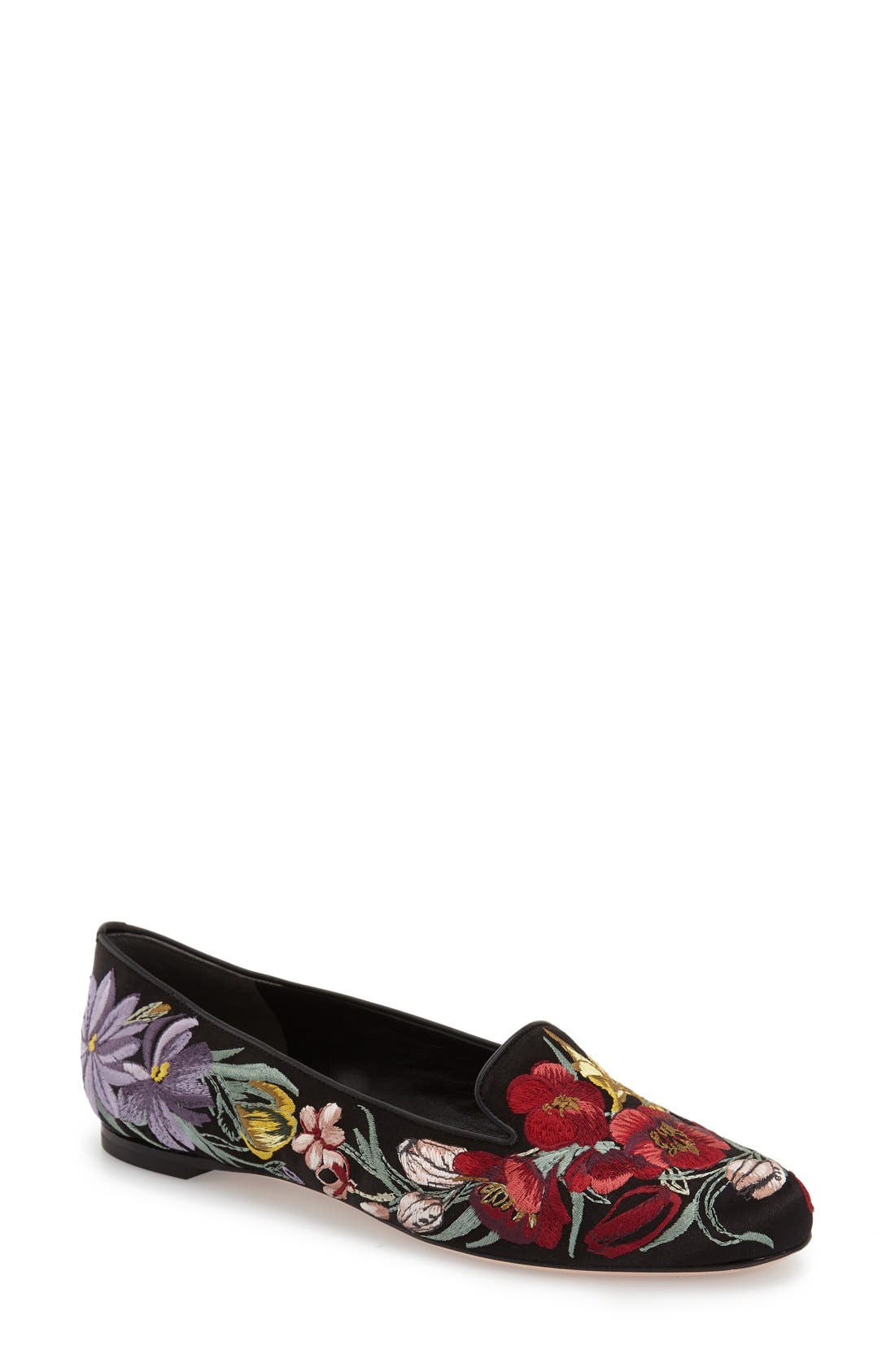 Alexander McQueen Embroidered Flower Loafer, Main, color, BLACK SATIN