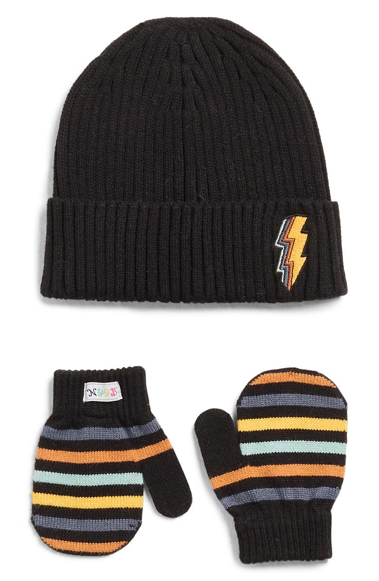 Toby Cuffed Beanie & Mittens Set, Main, color, Black