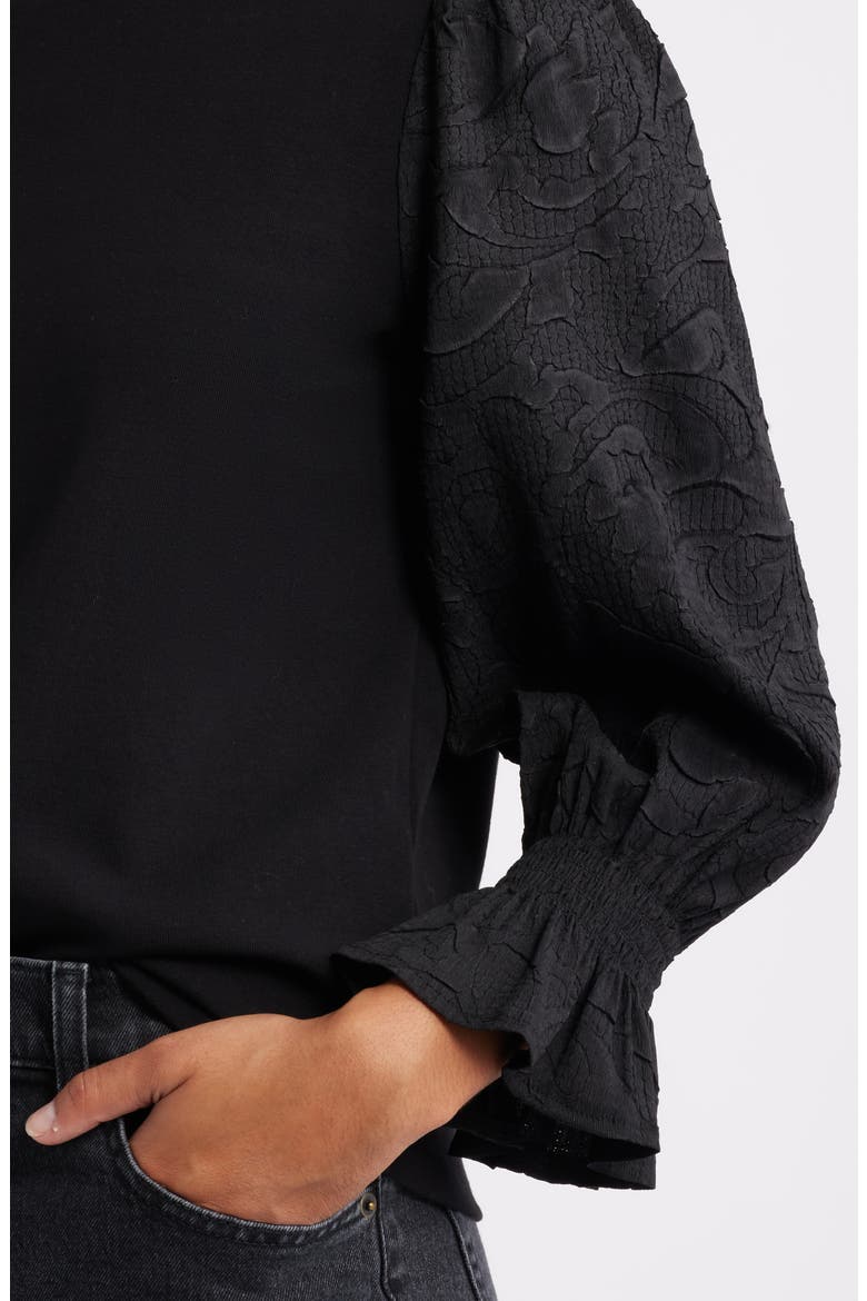 Mixed Media Smocked Sleeve Top, Alternate, color, BLACK