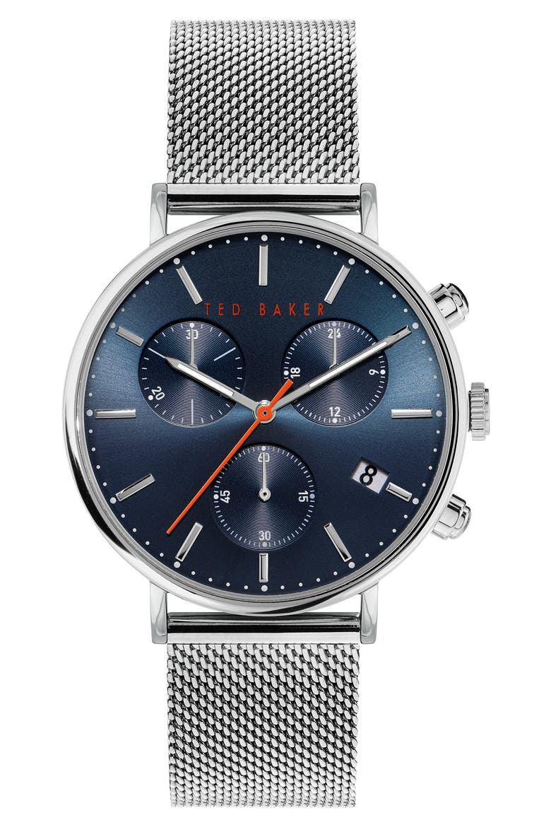 London Mimosaa Chronograph Mesh Strap Watch, 41mm, Main, color, SILVER