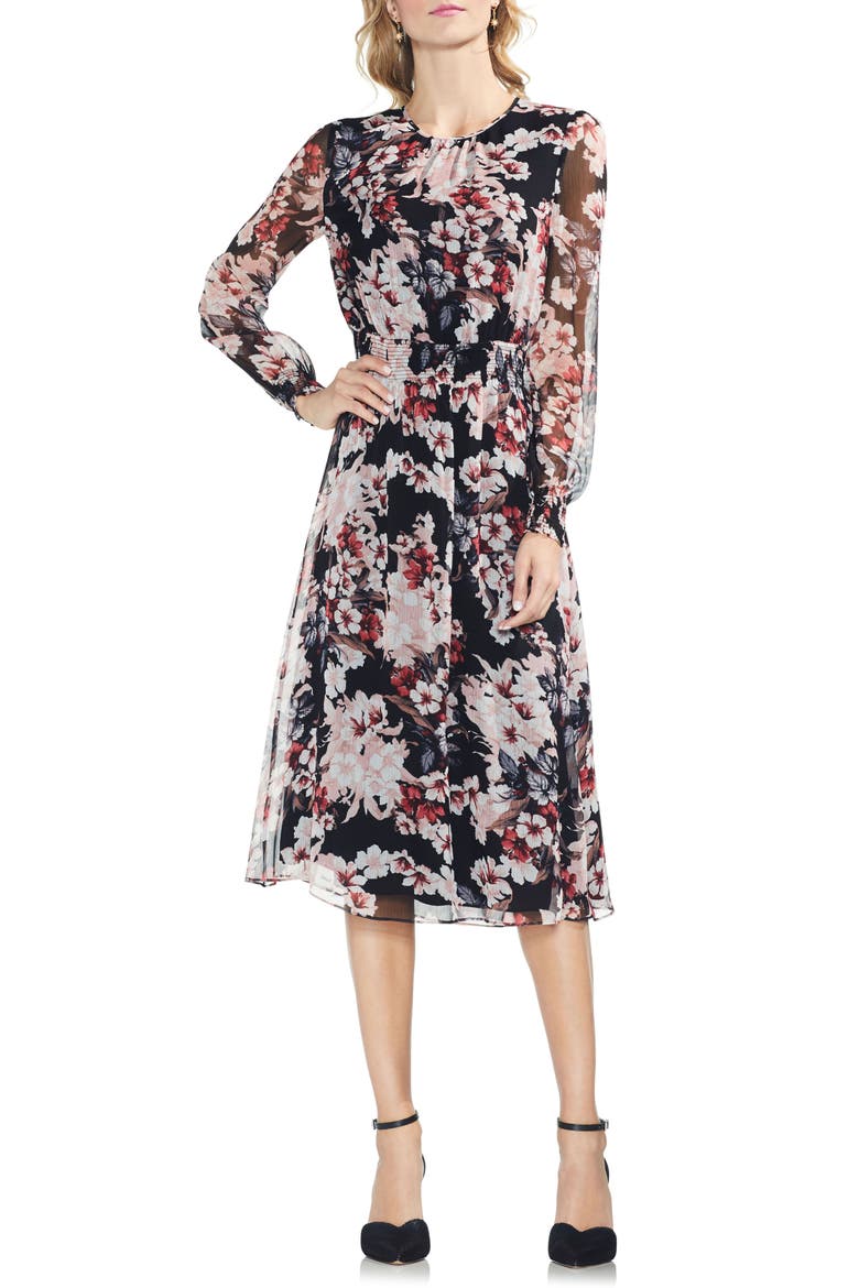 Timeless Blooms Cinch Waist Midi Dress, Main, color, RICH BLACK