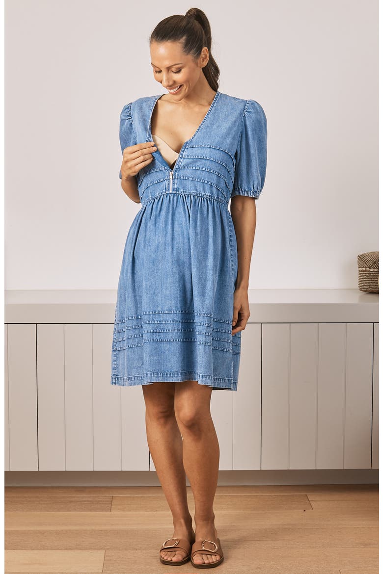 A-Line Denim Maternity Dress, Alternate, color, BLUE