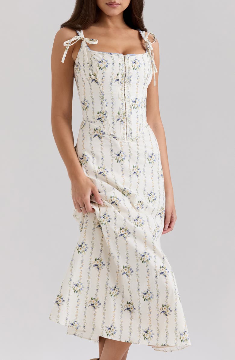 HOUSE OF CB Dionne Corset Midi Sundress, Alternate, color, Daisy Stripe Cream