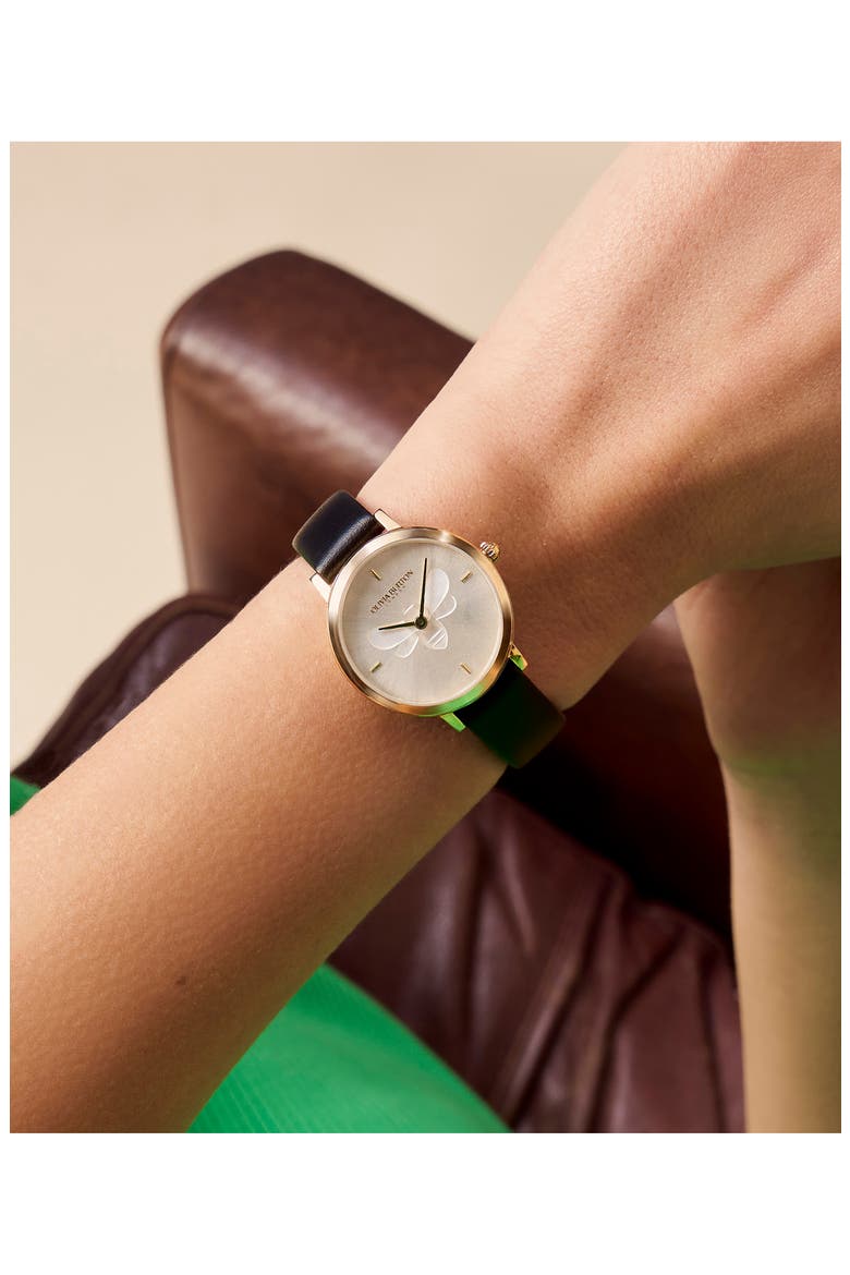 Signature Bees Leather Strap Watch, 28mm, Alternate, color, WHITE