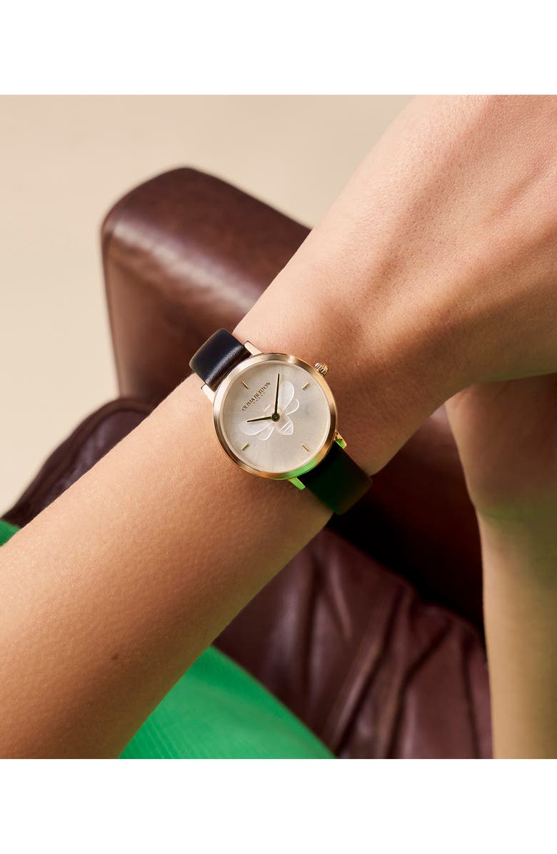 Olivia Burton Signature Bees Leather Strap Watch, 28mm, Alternate, color, White