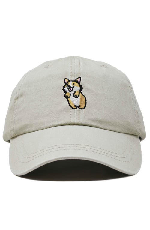 Dalix Leaping Corgi Embroidered Cap In Washed Stone White