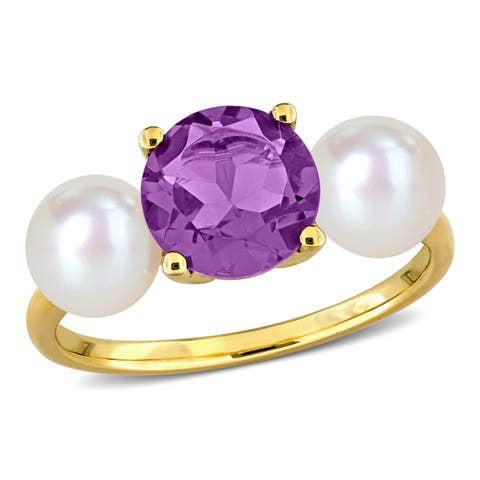 Cultured Pearl & Amethyst 3-Stone Ring 10k