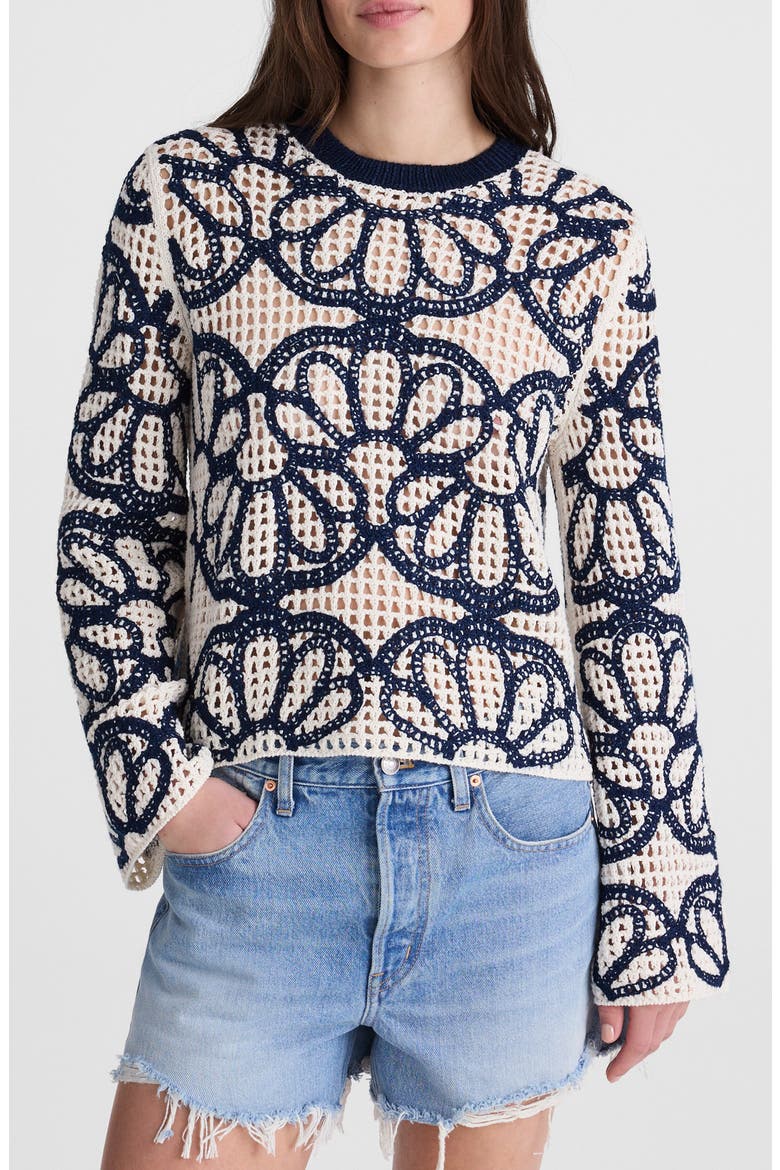 Rhoda Floral Embroidered Open Stitch Sweater, Main, color, NAVY FLORAL EMBROIDERY