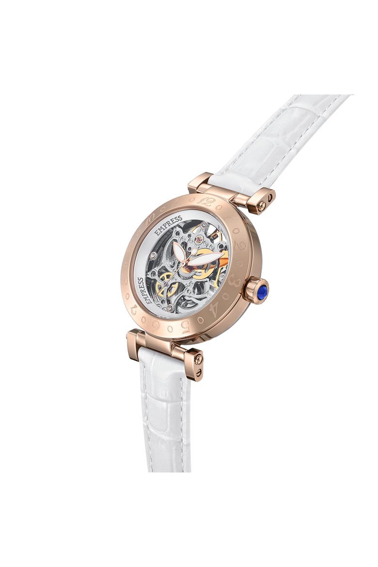 Theodora Automatic Skeleton Leather-Band Watch, Alternate, color, White