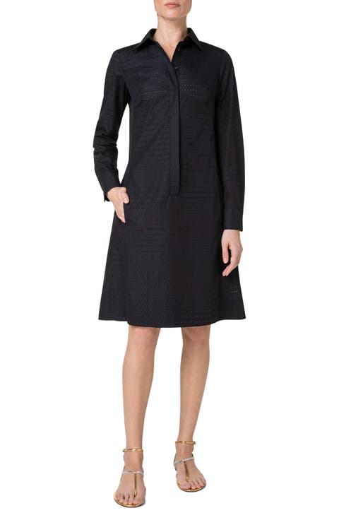 Perforated Pin Dot Long Sleeve Cotton Poplin Shirtdress