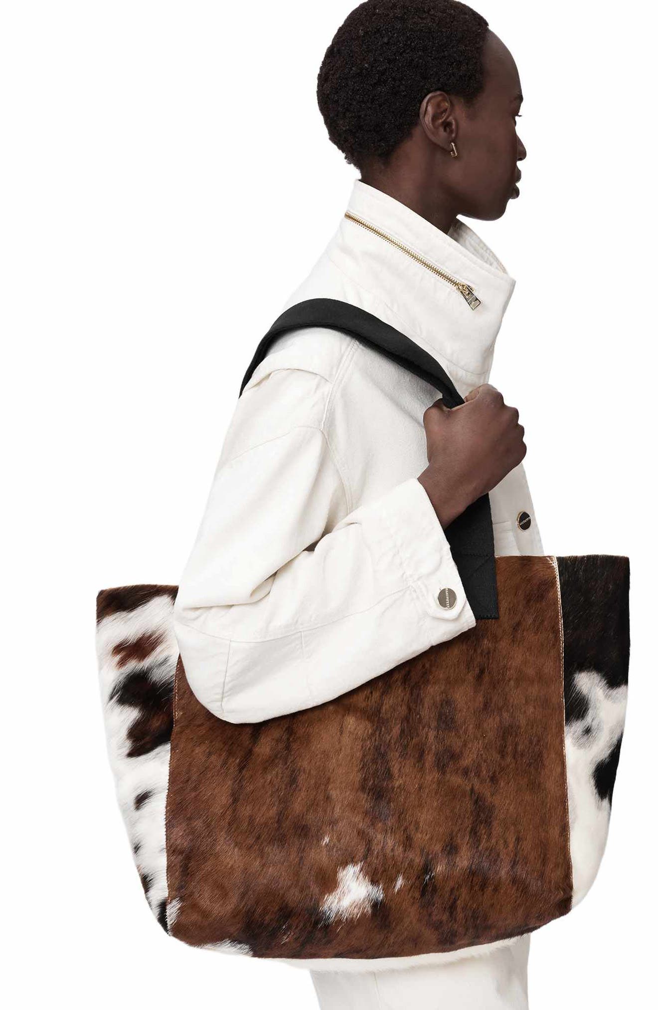 AllSaints Izzy Genuine Calf Hair Tote, Alternate, color, Cow Print