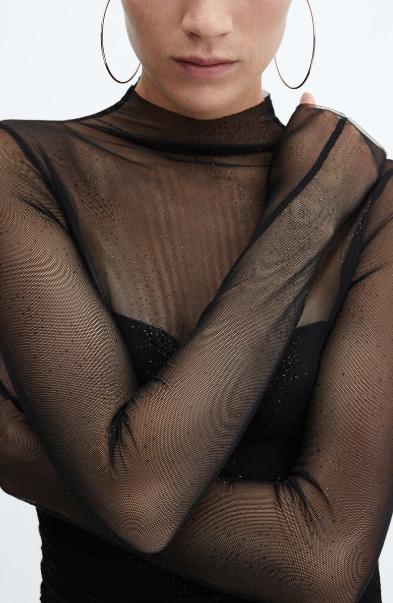 MANGO Sparkle Embellished Long Sleeve Mesh Minidress, Alternate, color, 