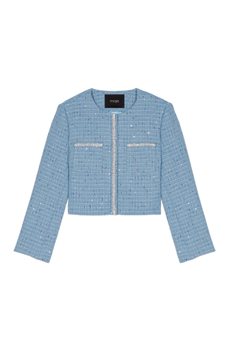 maje Short sequin tweed jacket, Alternate, color, Blue