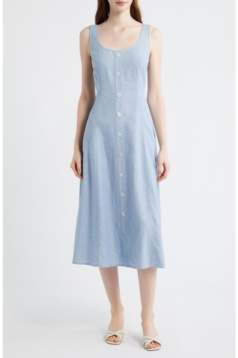 Button Detail Linen Blend Tank Dress, Main, color, LAGOON/ CRSP WHT