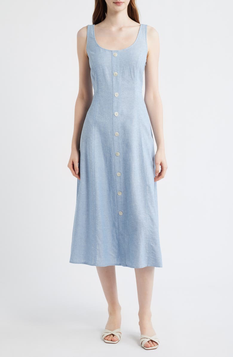 Anne Klein Button Detail Linen Blend Tank Dress, Main, color, Lagoon/ Crsp Wht