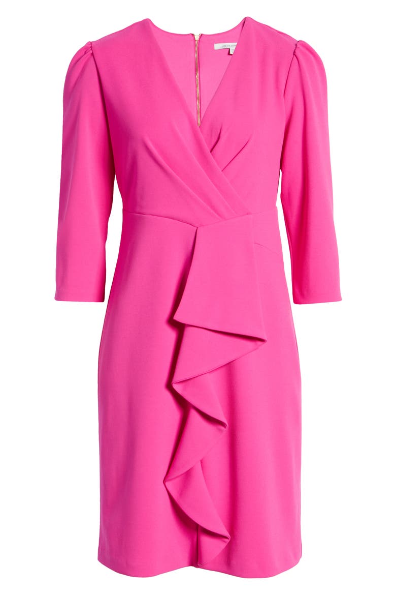 Cascade Ruffle Crepe Sheath Dress, Alternate, color, HOT PINK