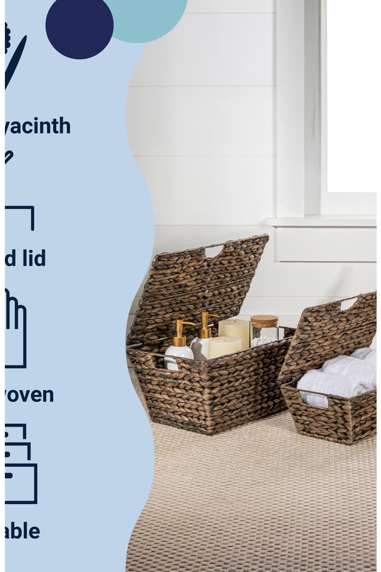 Wilder Classic Farmhouse Woven Hyacinth Rectangular Storage Baskets with Lids and Handles, Alternate, color, Brown