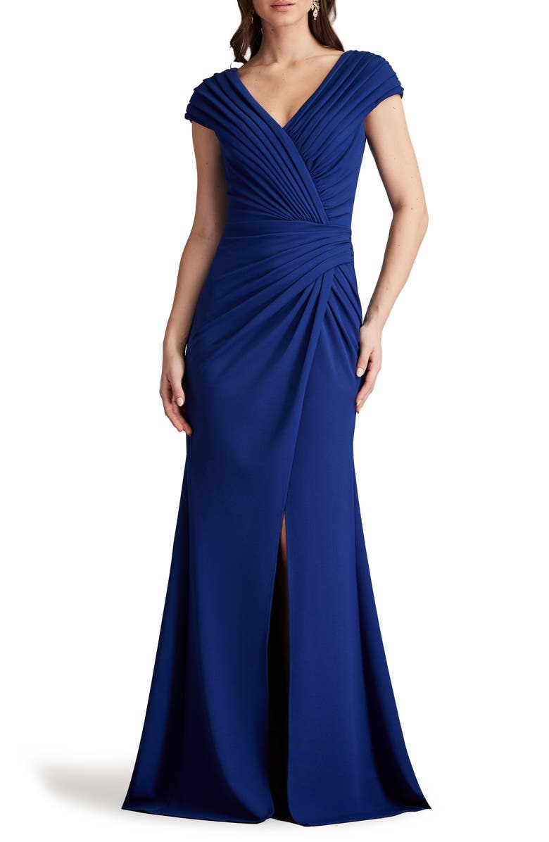 Tadashi Shoji Pleated Crepe Trumpet Gown, Main, color, Midnight