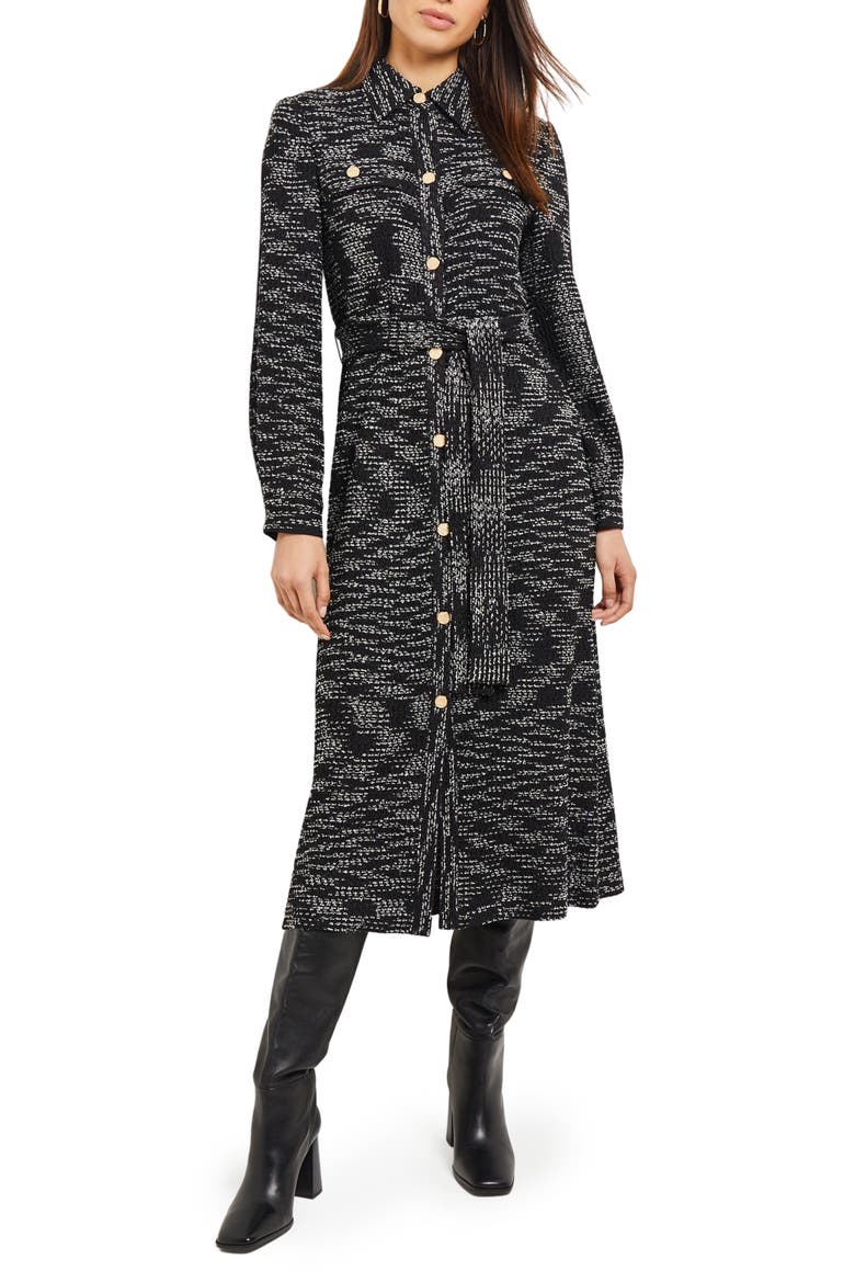 Long Sleeve Belted Tweed Knit Shirtdress, Main, color, BLACK/NEW IVORY