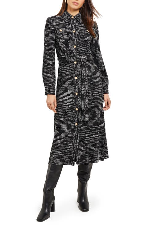 Long Sleeve Belted Tweed Knit Shirtdress