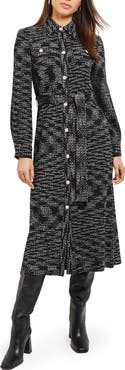 Misook Long Sleeve Belted Tweed Knit Shirtdress
