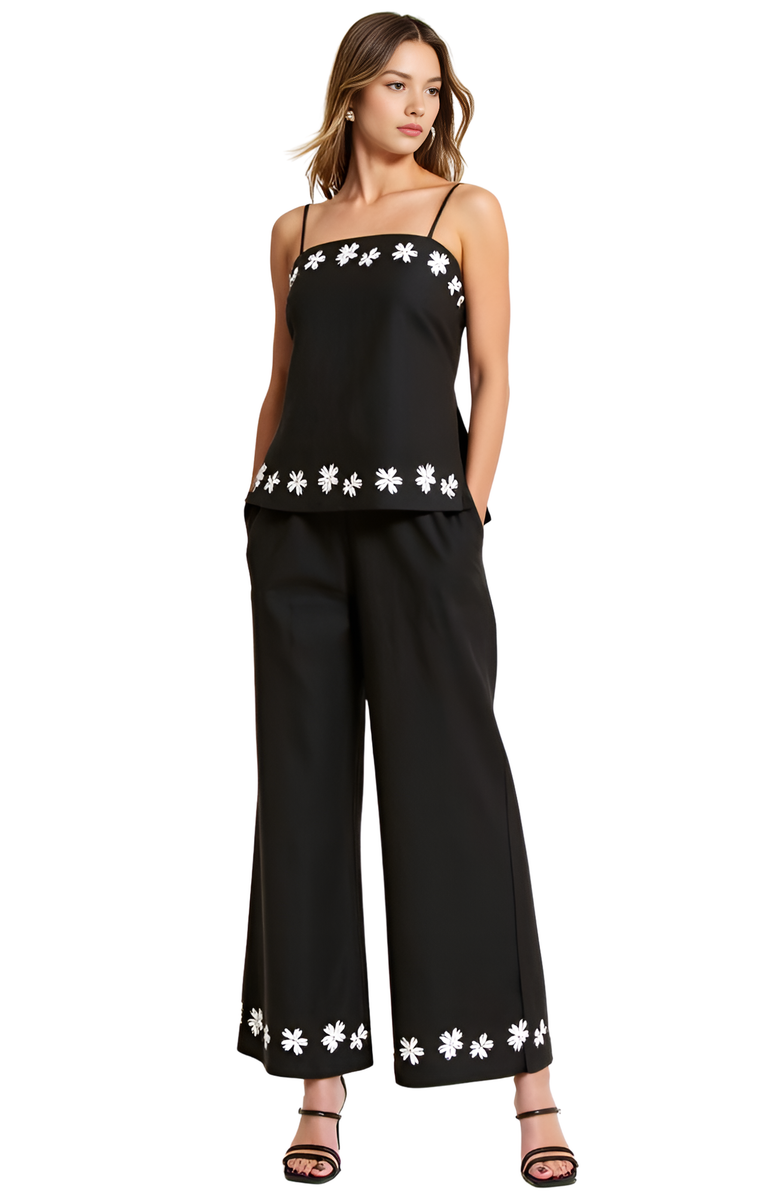 Modenaire Embroidered Camisole and Wide-Leg Pant Set with Floral Hem, Alternate, color, Black