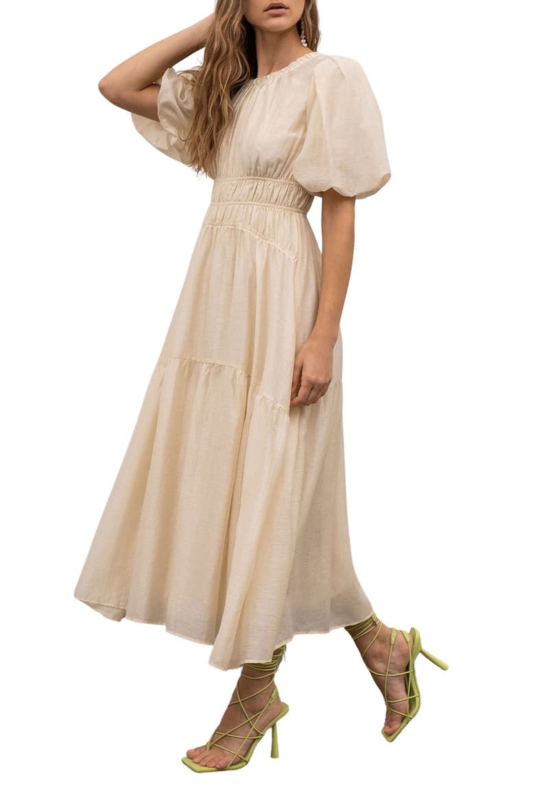 Puff Sleeve Shirred A-Line Dress, Alternate, color, CREAM