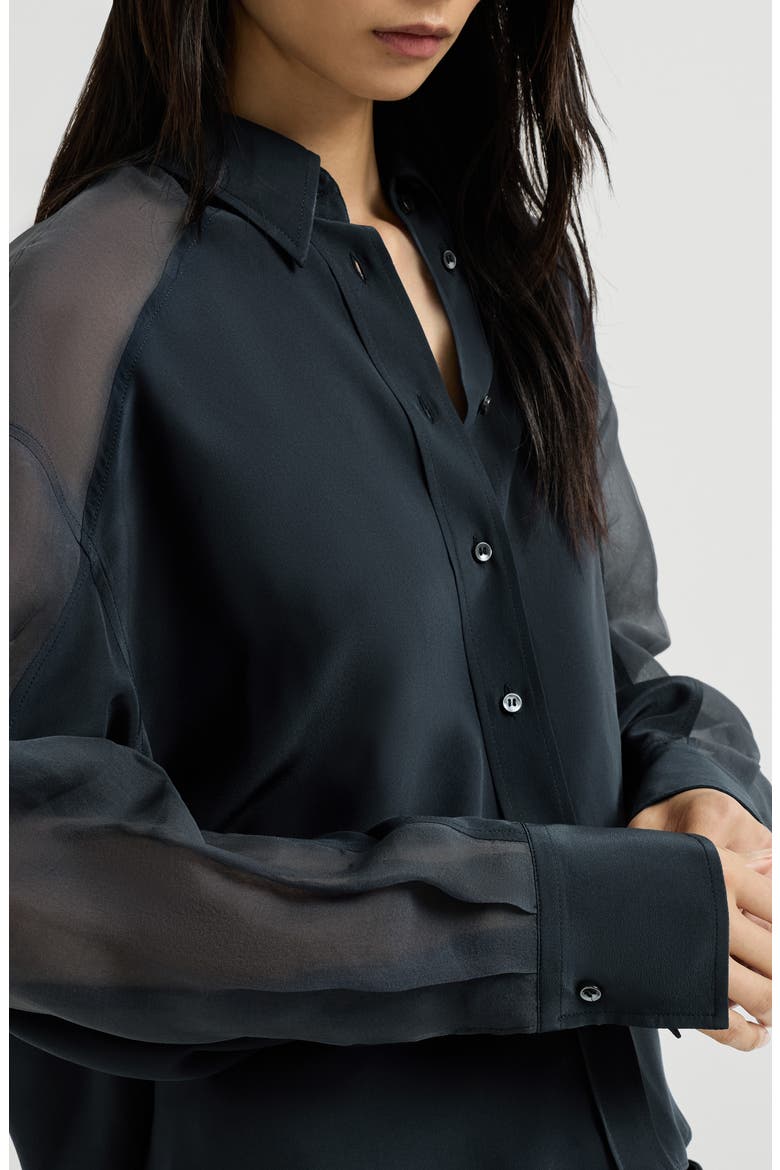 Silk crêpe de Chine paneled shirt with monili, Alternate, color, Blue