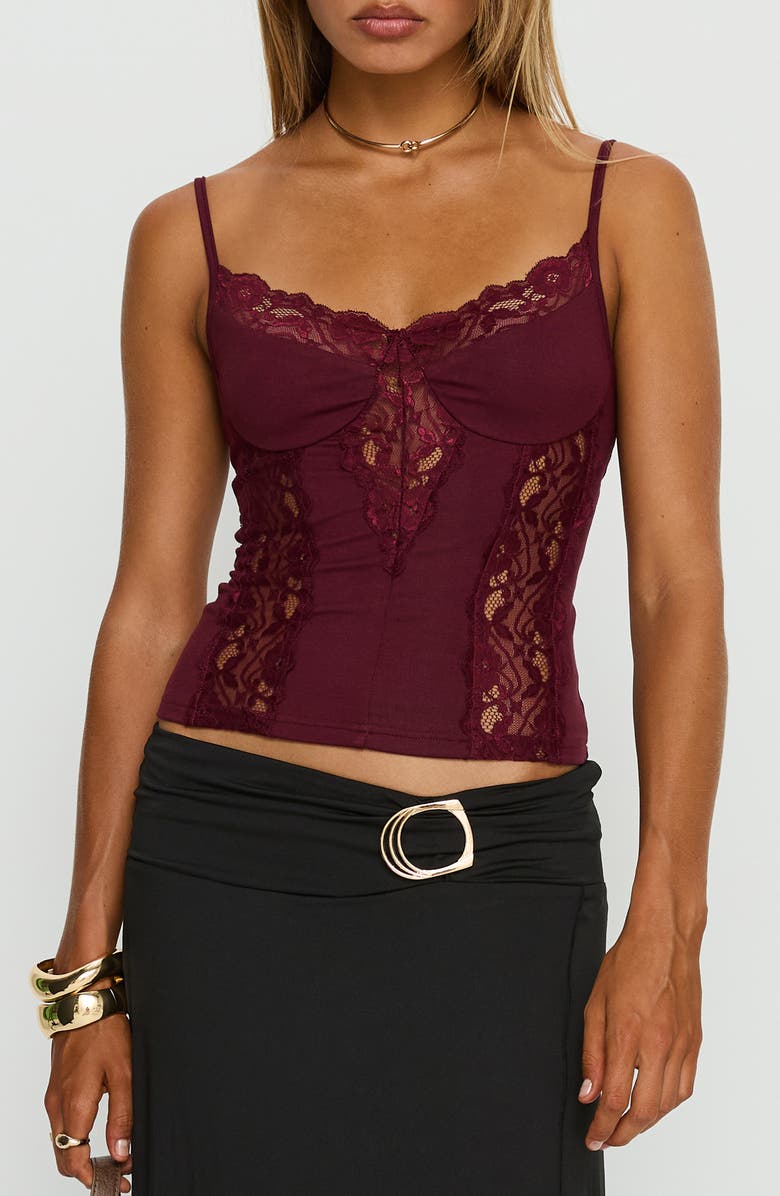 Princess Polly Rhiara Lace Trim Camisole, Main, color, Cherry