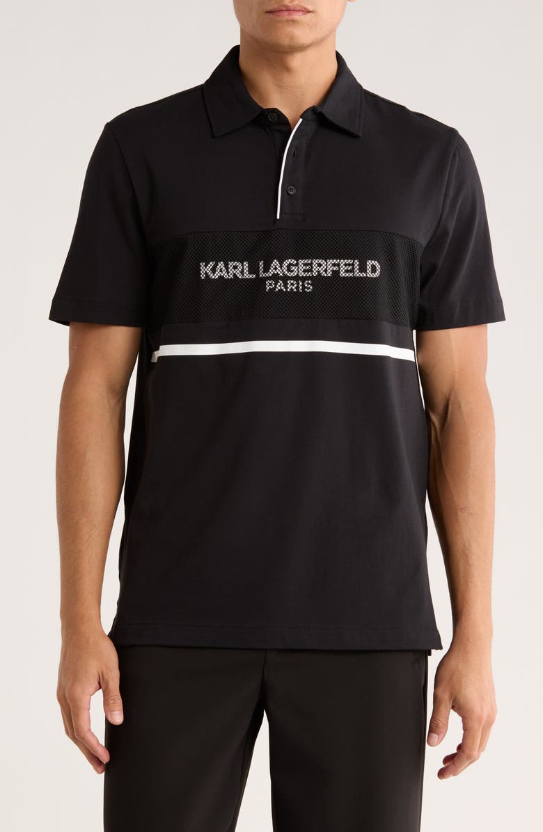 KARL LAGERFELD PARIS Logo Mesh Knit Polo, Main, color, Black