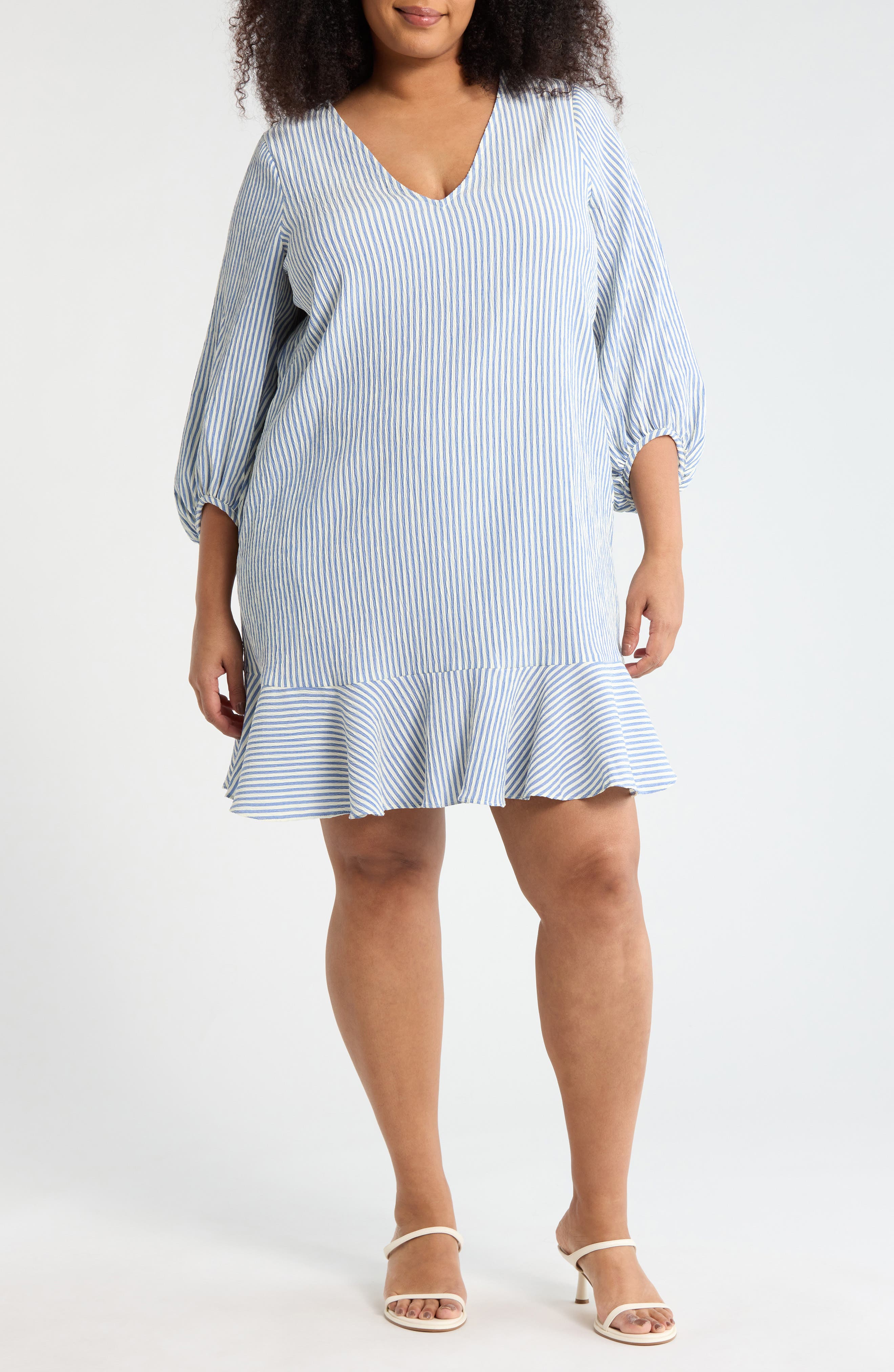 London Times Stripe Long Sleeve Ruffle Shift Dress